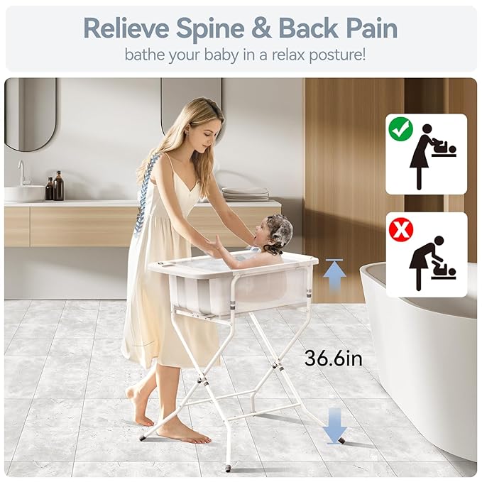 Collapsible Baby Bathtub with Stand - Large Capacity Baby Bath Tub with Thermometer & Soft Cushion | Portable Travel Newborn Infant Bathtub | Foldable Toddler Bathtub for Baby 0 to 36 Months-CubbioJoy