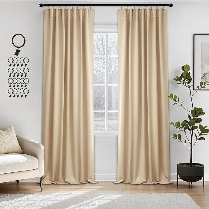 ANRODUO Back Tab Blackout Curtains for Bedroom Living Room, Rod Pocket Pinch Pleated Thermal Insulated Room Darkening Curtains 96 Inches Long 2 Panels, Beige, 42 x 96 Inch-CubbioJoy