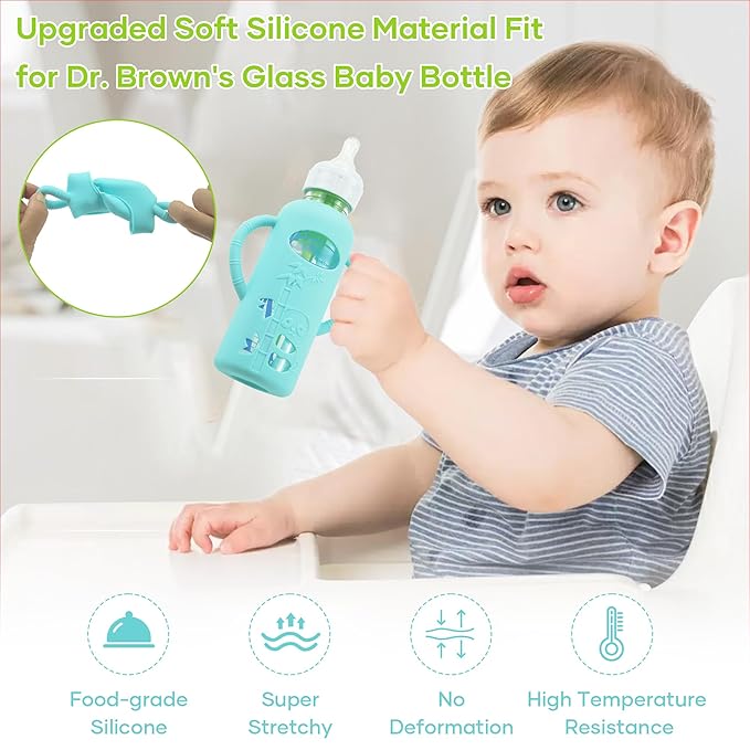 4 Pack Silicone Sleeves for Dr. Brown's Glass Baby Bottles, Anti Breakage Durable Baby Bottle Holder with Easy Grip Handles, Narrow Sleeve with a Cutout, Dishwasher/Freezer/Microwave Safe, 8 oz-CubbioJoy