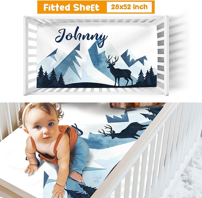 Custom Crib Bedding Set - Woodland Animals Design Personalized Name Baby Nursery Bed 3 Pcs Set - Chic Soft Blanket with Dotted Backing, Sheet, Pillowcase for Newborn Girls Boys Gifts Color10-CubbioJoy