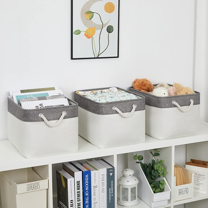 Bidtakay White Baskets with Cotton Rope Handles Decorative Storage Bins [3-pack] Fabric Bins for Organization Linen Closet Shelf Storage Baskets for Clothes Toys Towels 15 X 11 X 9.5 Inches-CubbioJoy