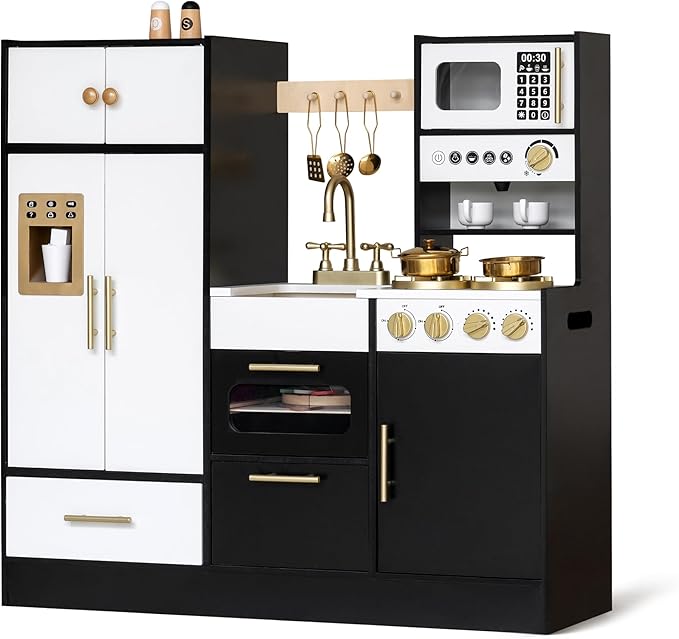 Interactive Wooden Play Kitchen for Kids 3+ Realistic Stove Sounds & Ice Maker Pretend Playset with 12 Kitchen Accessories Montessori Toy-CubbioJoy