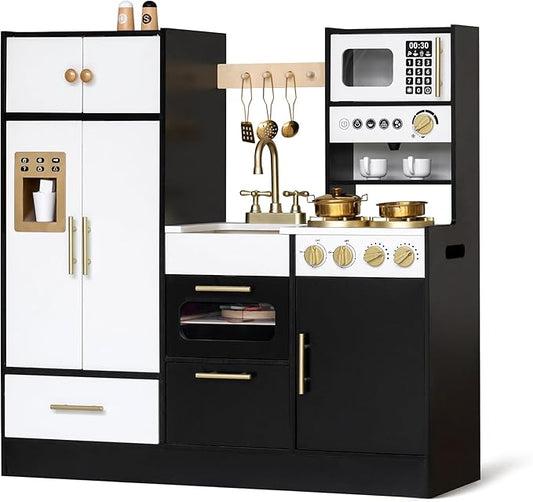 Interactive Wooden Play Kitchen for Kids 3+ Realistic Stove Sounds & Ice Maker Pretend Playset with 12 Kitchen Accessories Montessori Toy-CubbioJoy