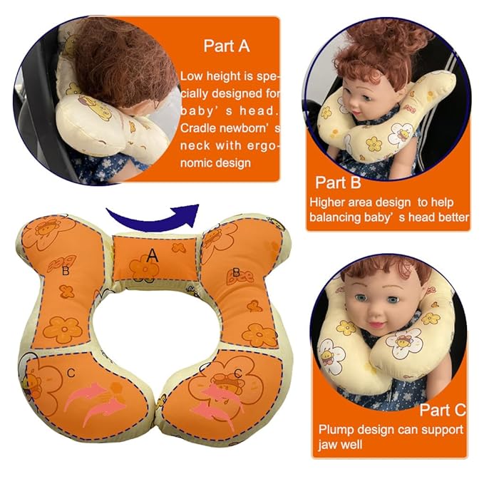 Baby Neck Pillows, Comfortable Baby Travel Head Neck Support Pillow for Car Seat Stroller Pushchair, Soft PP Cotton Travel Pillow for 0-1 Year Old Toddler Infant Newborn, Bee-CubbioJoy