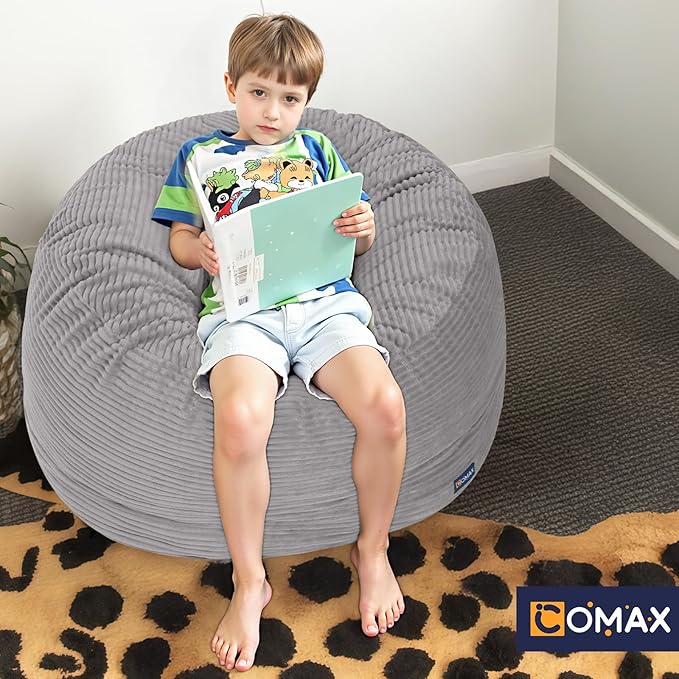 COMAX Kids Bean Bag Chair Turn into Beanbag Bed, Toddler Bean Chair Corduroy for Girl Boy Sleeping, Lazy Children Bean Bags with Filler, Convertible Child Floor Mattress, Light Grey-CubbioJoy