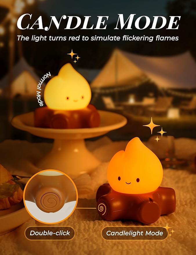 3pcs Campfire Night Light for Kids, Cute Campfire Lamp Gifts, LED Light up Flame Lights, Dimmable, Rechargeable Bedside Nightlight, Baby Nursery Dorm Kawaii Décor Toys Kits-CubbioJoy