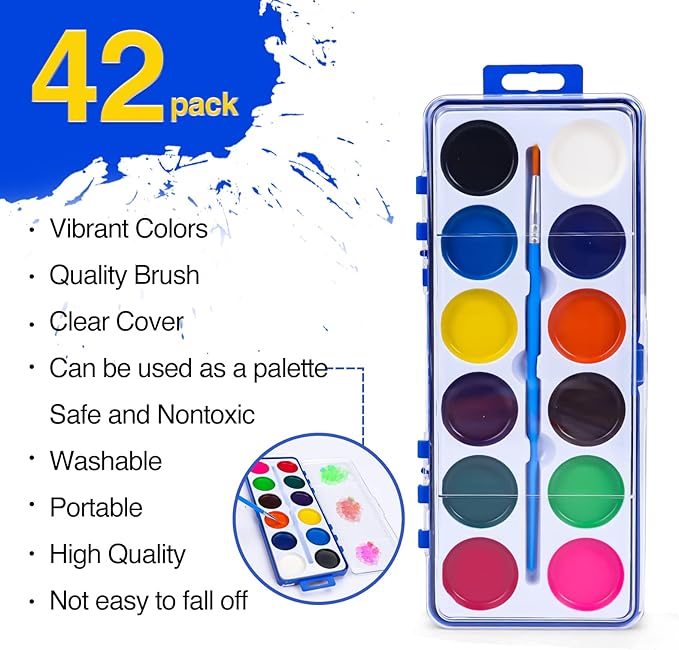 42 Pack Watercolor Paint Set for Kids, 12 Colors Watercolors Paints with Paint Brush, Kids Watercolor Paint Set for Party Favor, Classroom.-CubbioJoy