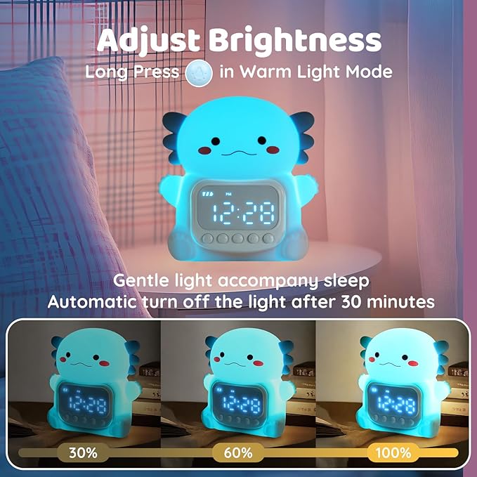 Axolotl Alarm Clock with Night Light for Kids, Rechargeable Silicone Lamp Time to Wake Clock Cute Animal Tabletop Lamp, Perfect Sleep Companion for Boys Girls, Blue-CubbioJoy