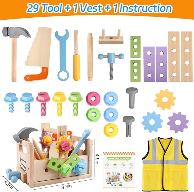 Aliex Wooden Kids Tool Set, 30pcs Toy Tools for Toddlers with Vest, Tool Kit Toddler Montessori Stem Learning Educational Toys for 3 4 5 Years Old Boys Girls, Birthday Gift for Kids-CubbioJoy