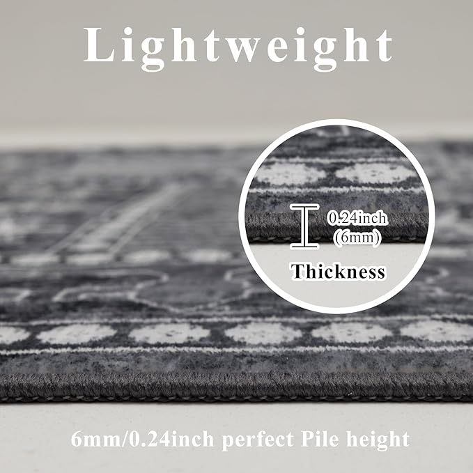 9x12 Area Rug Living Room Rugs, Stain Resistant Washable Rug, Vintage Large Non-Slip Backing, Low Pile Lightweight Print Rug for Bedroom Dinning Room Home Office (Grey)-CubbioJoy