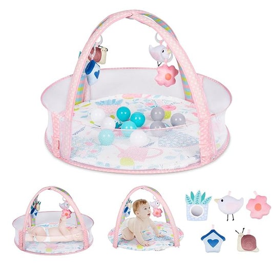 Baby Play Mat, 4-in-1 Baby Play Gym Tummy Time Mat with Ball Pit and 5 Detachable Toys for Newborn to Develop Sensory Exploration and Motor Skill 0-6-12 Months-CubbioJoy