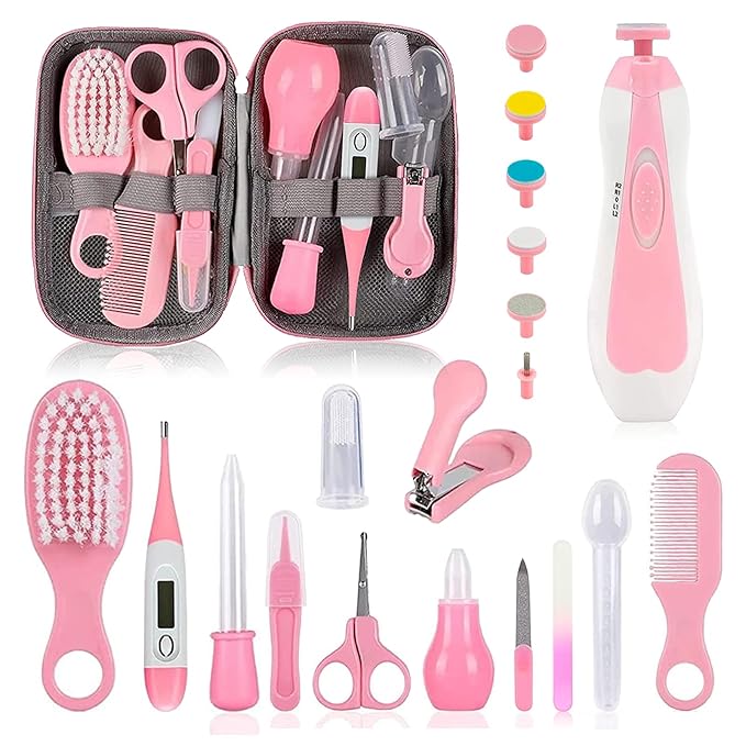 Baby Grooming Kit, Infant Safety Care Set with Hair Brush Comb Nail Clipper Nasal Aspirator,Baby Essentials Kit for Newborn Girls Boys (Pink 20 in 1)-CubbioJoy