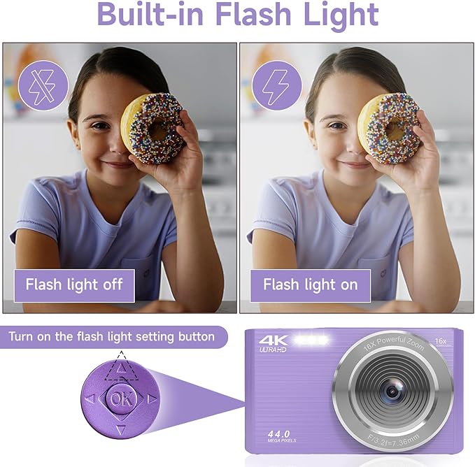 Digital Camera for Teens, FHD 4K 44MP Digital Camera Purple with 64GB SD Card 16X Digital Zoom, Cameras for Photography Compact Point and Shoot Camera for Teen Boys Girls Kids Camera Digital Purple-CubbioJoy