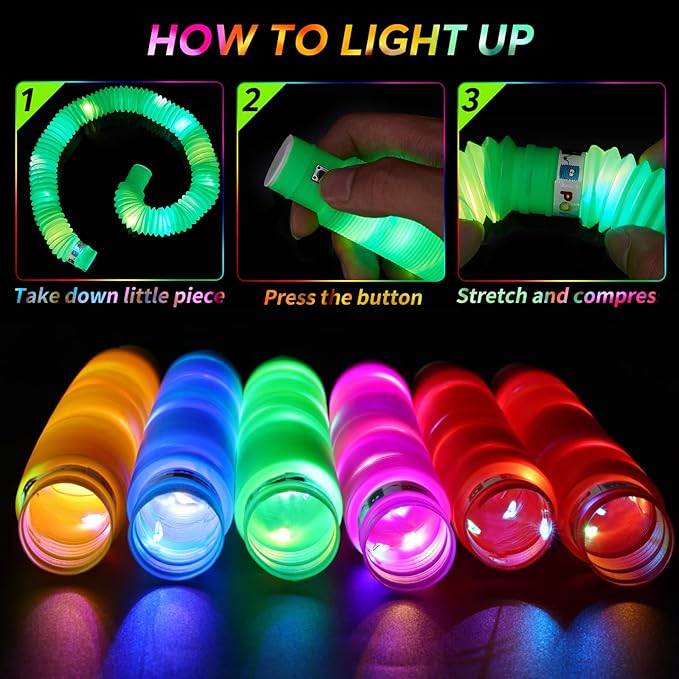 24 PCS LED Pop Tubes, Light Up Glow Tubes, Glow in the Dark Party Supplies, Sensory Toys Birthday Party Favors for Kids, Light Up Toys-CubbioJoy