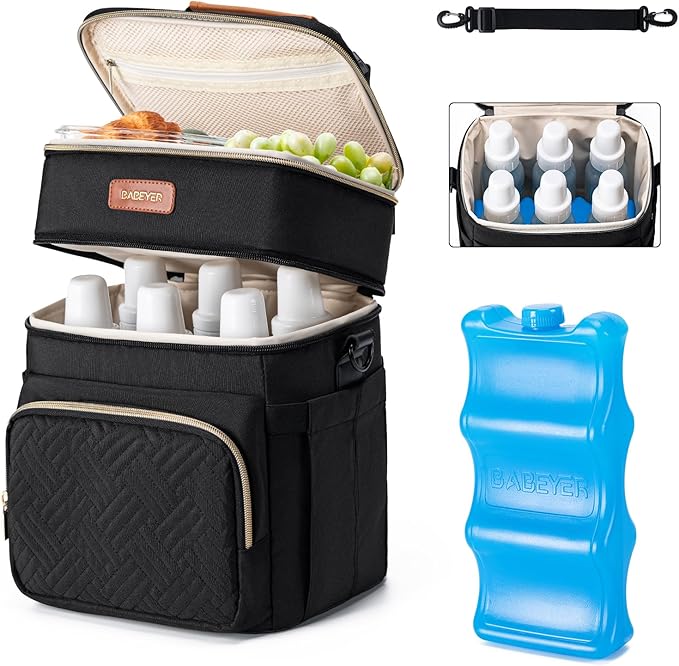 Insulated Breastmilk Cooler Bag with Ice Pack - Holds 6x9oz Bottles, Leakproof Double Layer, Baby Bottle Cooler Bag with Adjustable Strap for Nursing Moms, Daycare & Travel-CubbioJoy