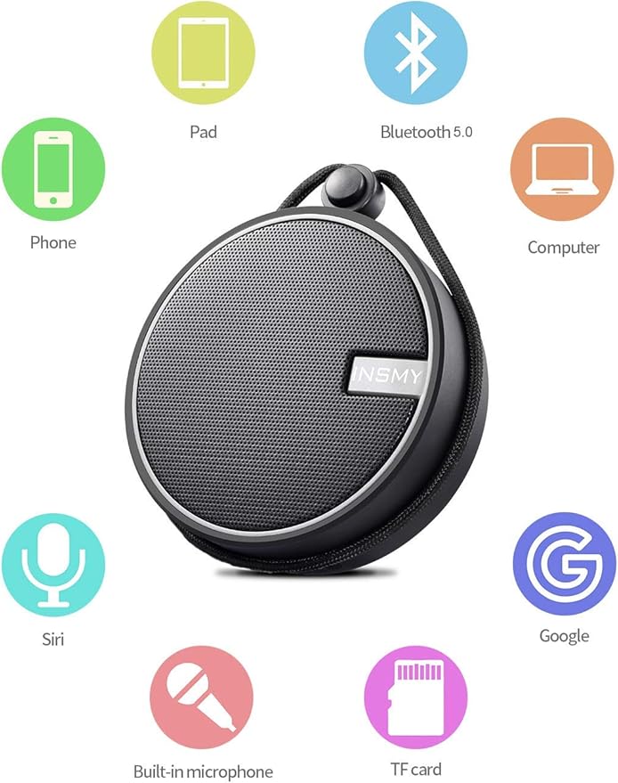 INSMY C12 IPX7 Waterproof Shower Bluetooth Speaker, Portable Small Speaker, Speakers Bluetooth Wireless Loud Clear Sound Support TF Card Suction Cup for Kayak Canoe Beach Gift (Black)-CubbioJoy