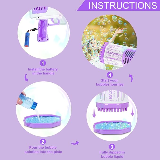 Bubble Gun, Bazooka Bubble Machine Gun, Bubble Blaster Gun with Bubble Solution, 69 Holes Bubble Bazooka Gun Outdoor Summer Toy Party Favors for Kids Purple Bubble Maker Blowers-CubbioJoy