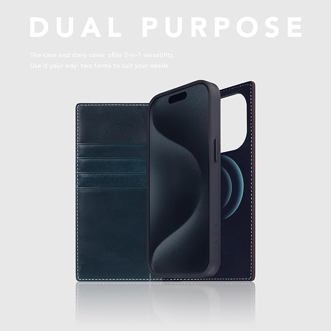D7 Italian Wax Leather Wallet Case for iPhone 15 Pro - [2-in-1] Handcrafted Detachable Diary Style with Magnetic MagSafe Back Cover, Gift Box Included (Blue)-CubbioJoy