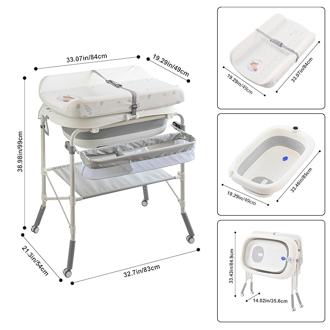 2-in-1 Baby Bathtub with Changing Table, Foldable Diaper Changing Station with 4 Wheels, Waterproof Pad, Storage Rack and Baby Bath Tub, Adjustable Height Portable Nursery Organizer for Newborn Infant-CubbioJoy