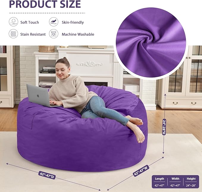 4FT Bean Bag Chair, Large Bean Bag Chairs with Memory Foam Filled, Fluffy Beanbag Sofa with Dutch Velvet Cover, Round BeanBag Chairs for Living Room, Playroom - Purple-CubbioJoy