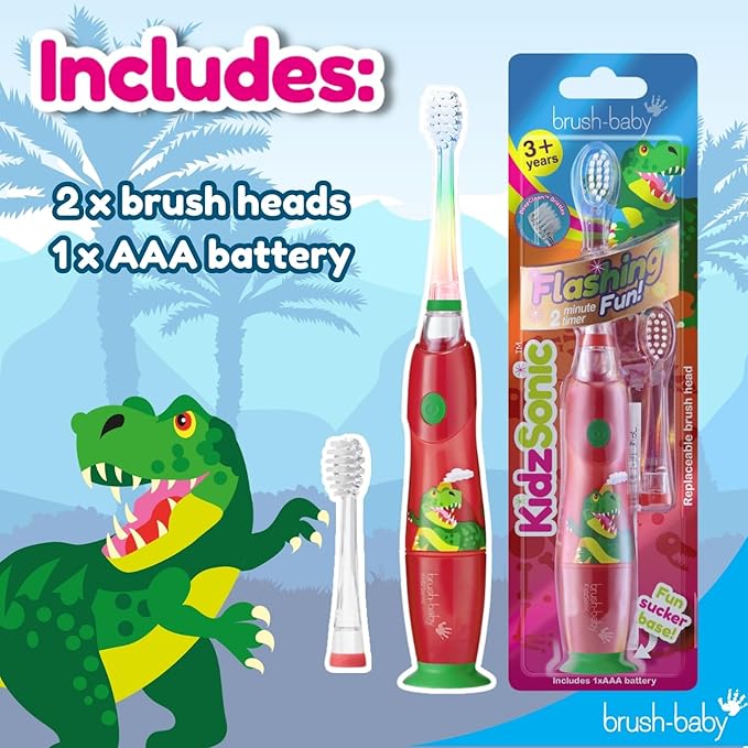 Brush‑Baby - KidzSonic Dinosaur Kids Electric Toothbrush for Ages 3+ with Disco LED Lights, Gentle Sonic Vibrations, 2-Minute Smart Timer & 30‑Second Pulse Reminders – AAA Battery Included-CubbioJoy