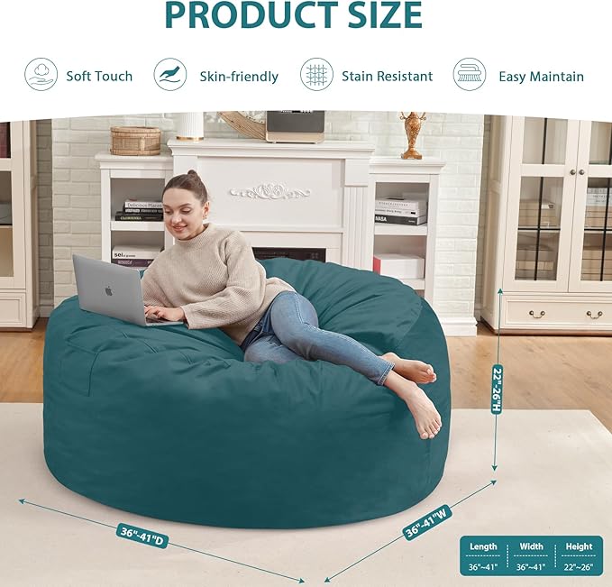 3FT Bean Bag Chair, Comfy Bean Bag Chairs with Memory Foam Filled, Fluffy Beanbag Sofa with Dutch Velvet Cover, Round BeanBag Chairs for Living Room, Playroom - Sea Blue-CubbioJoy