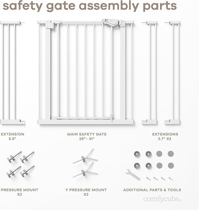 Comfy Cubs Baby Safety Gate with 3 Extensions - Adjustable 42" x 1.9" x 30" Q195 Steel Doorway Barrier - Powder-Coated Finish for Stairs and Doorways - Walk-Through Design Pet Gate - White-CubbioJoy