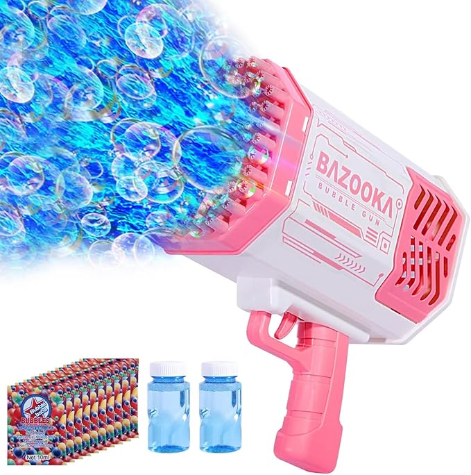 Bubble Machine Gun, 69 Holes Bubble Gun with Lights, Pink Outdoor Summer Beach Kids Bubbles Toys Birthday Wedding Party Halloween Fun for Girls Boys-CubbioJoy