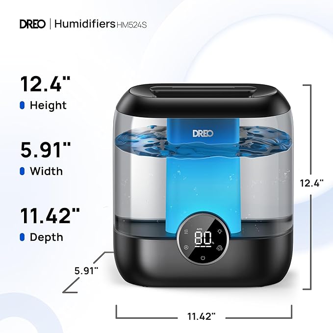 Dreo Smart Humidifiers for Bedroom, 6L Top Fill Supersized Cool Mist Humidifier for Large Room, 60 Hour Runtime, Quiet Ultrasonic Humidifiers for Plants, Baby, Indoor, Home, Night Light, Black-CubbioJoy
