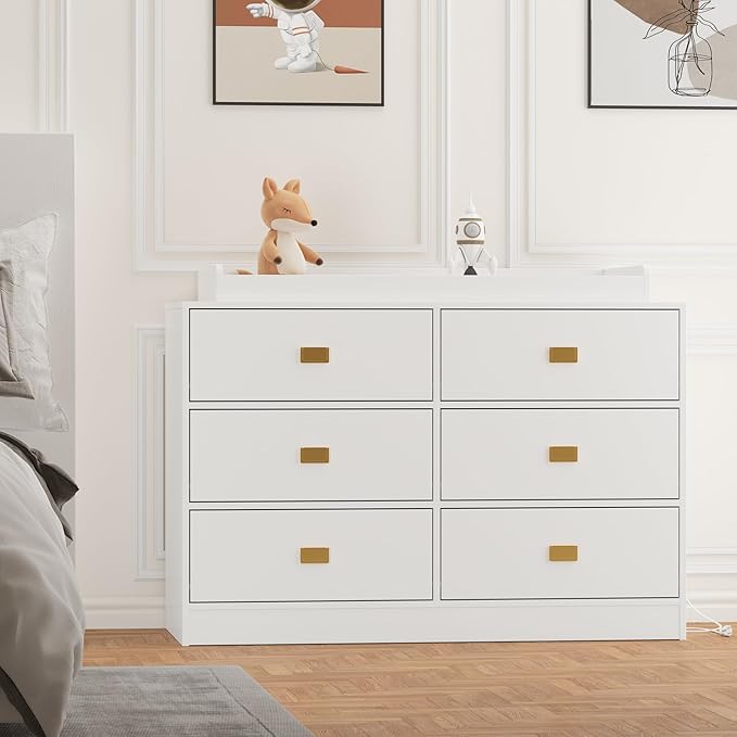Dresser for Bedroom with 6 Drawers, Changing Table Dresser with Power Outlets, Soft Changing Pad & Removable Top, Baby Dresser with Changing Table Top for Nursery, White-CubbioJoy