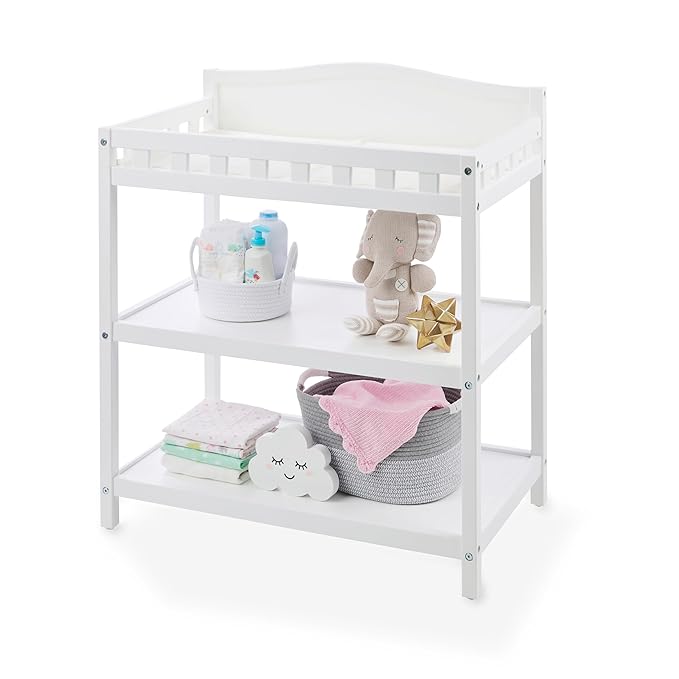 Badger Basket Baby Changing Table with Pad & Shelves - Wooden Changing Table with Storage - Nursery Change Table for Diapers & Baby Essentials, White-CubbioJoy