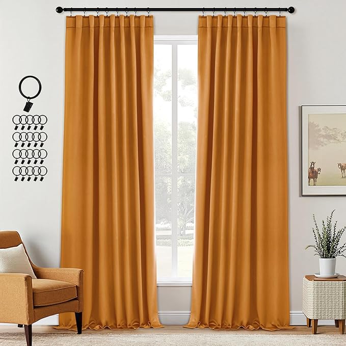ANRODUO Back Tab Blackout Curtains for Bedroom Living Room, Rod Pocket Pinch Pleated Thermal Insulated Room Darkening Curtains 96 Inches Long 2 Panels, Mustard Yellow, 42 x 96 Inch-CubbioJoy