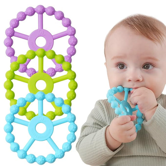3 Pack Ring Teether Baby Infant Toys, Silicone Teething Ring Toys for Babies 0-6 Months, Seposeve Baby Teethers 6-12 Months 12-24 Months, Easy to Grasp Toy, Teething Relief, Light Purple Green Blue-CubbioJoy