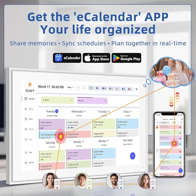 21.5 Inch Digital Calendar, Electronic Chore Chart, Smart Weekly and Monthly Planner 1920 * 1080P IPS Touchscreen Wall and Desk Calendar for Family Schedules, White-CubbioJoy