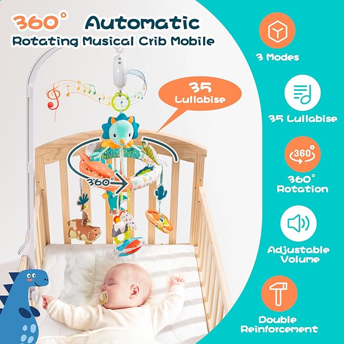 Jollybaby Nursery Baby Automatic Rotating Dinosaur Crib Mobile with Music Box & Arm, Montessori Sensory Musical Hanging Toy for Bassinet, Newborn Clip on Crib Mobile Soother Toy Gift, Polyester-CubbioJoy