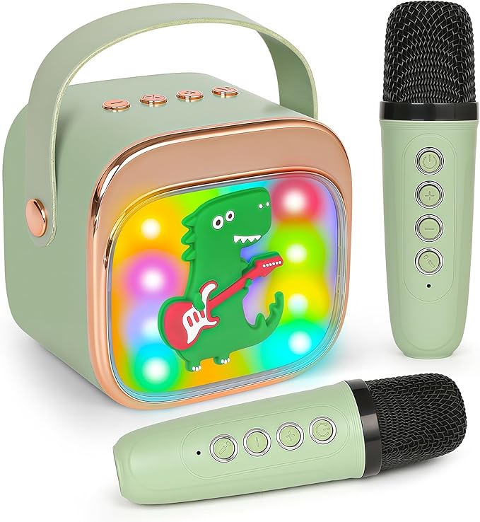 Dinosaur Karaoke Machine for Kids, Portable Mini Karaoke Machine with 2 Wireless Microphones, 4 5 6 7 8 9 10 Years Old Girl Boy Easter Christmas Birthday Gift Colorful Lighted Speaker Toys-CubbioJoy