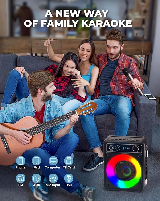 Karaoke Machine, Portable Bluetooth Karaoke Speaker with 2 Wireless Microphones, PA System for Adults Kids with LED Lights, Supports FM/AUX/USB/TF for Home Party-CubbioJoy