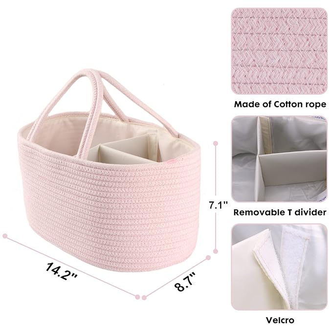 Baby Diaper Caddy Organizer for Girl Boy Rope Nursery Storage Bin Basket Portable Holder Tote Bag for Changing Table Car Travel Baby Shower Gifts Newborn Essentials Registry Must Have Items Pink-CubbioJoy