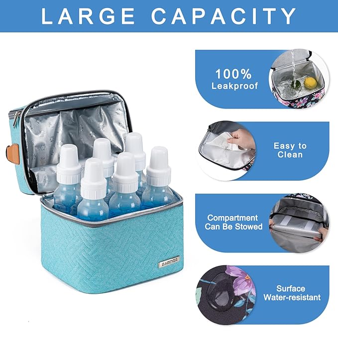 Breastmilk Cooler Bag with Ice Pack Fits 6 Baby Bottles up to 9 Ounce, Breast Milk Pump Cooler Bag with Shoulder Strap for Nursing Mom Daycare, Work, Travel- Lake Green-CubbioJoy