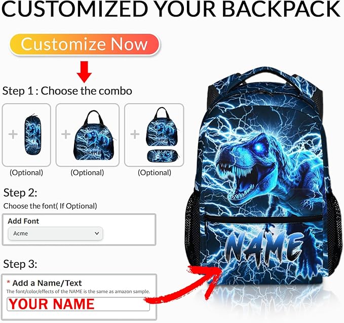 Dinosaur Backpack for Boys, Kids Custom Lightning Bookbag Gift with Name for Kindergarten Primary Senior Middle, 17 Inch Lightweight Cool Personalized Backpacks for School-CubbioJoy