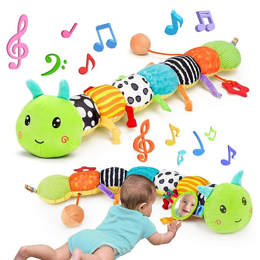 Baby Sensory Toy 0-6 Month Music Animal Stuffed Plush Caterpillar Toy for Infant 0-3-6 Month Tummy Time with Baby Mirror Crinkle Rattle for 6-12 Month Carseat Toys for Newborn Boys Girls Shower 1-CubbioJoy