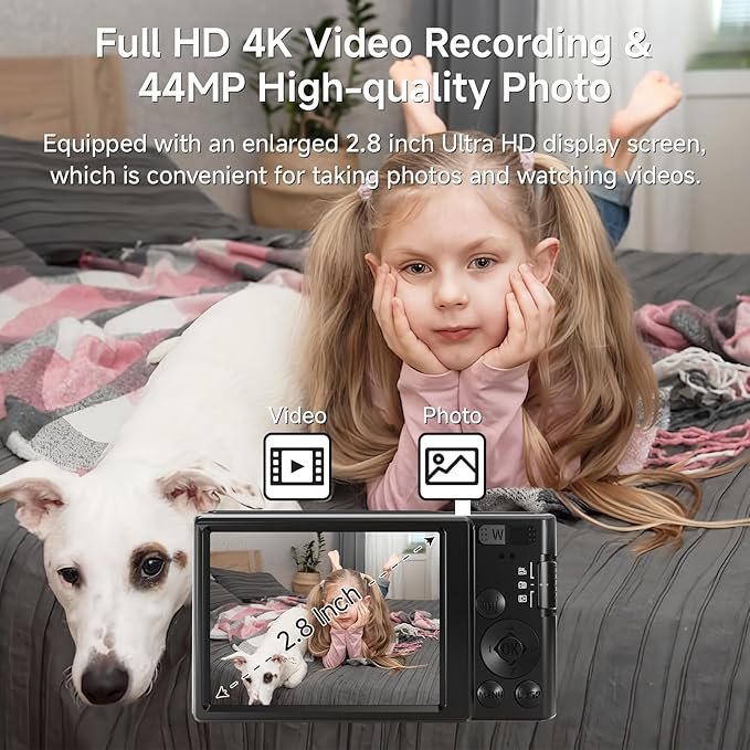 Digital Camera 4K, Upgrade Black Cameras for Teens, Autofocus Digital Point and Shoot Camera for Kids with 16X Zoom, 64GB SD Card, Compact Small Camera for Boys Girls Teens Kids Gift-CubbioJoy