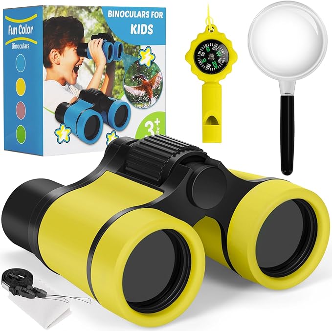 Binoculars for Kids, Kids Binoculars Toys for 3 4 5 6 7 8 Years Boys and Girls, Set with Magnifying Glass & Compass - Birthday Gifts Outdoor Toy for Kid Ages 3-8 Toddler Camping (Yellow)-CubbioJoy