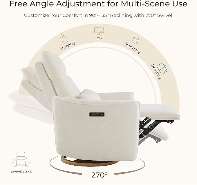 CHITA Swivel Rocker Recliner Chair, Power Nursery Glider Recliner, Nursery Rocking Chair with Adjustable Power Headrest, FSC Certified, Solid Wood Base, Cream-CubbioJoy