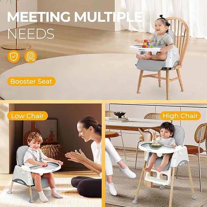 3 in 1 High Chairs for Babies and Toddlers, Convertible High Chair, High Chair with Foot Rest and Double Tray, Easy to Clean, Compact and Versatile, Perfect for Growing Kids, Gray-CubbioJoy