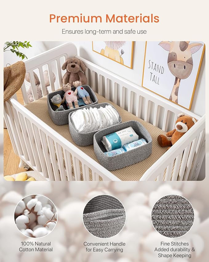 KALLAX Small Woven Basket, 13.5 x 9.5 x 5 Inches, Storage Basket for Organizing, Cute Small Rope Shelf Closet Cube Storage Bins Baskets for Shelves, Dog Toy Gift Baskets Empty, 3 Packs, Mixed Grey-CubbioJoy