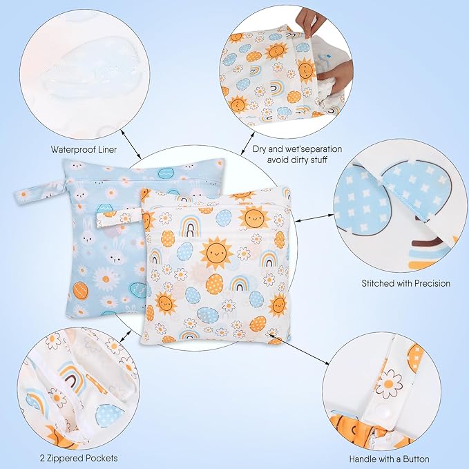 2pcs Cloth Diaper Wet Dry Bags, Waterproof Reusable Wet Bag with 2 Zipper Pockets & Handle, Washable Laundry Bags for Baby Adult Clothes Travel Beach Pool Daycare Yoga Gym Exercise Swimsuits,-CubbioJoy