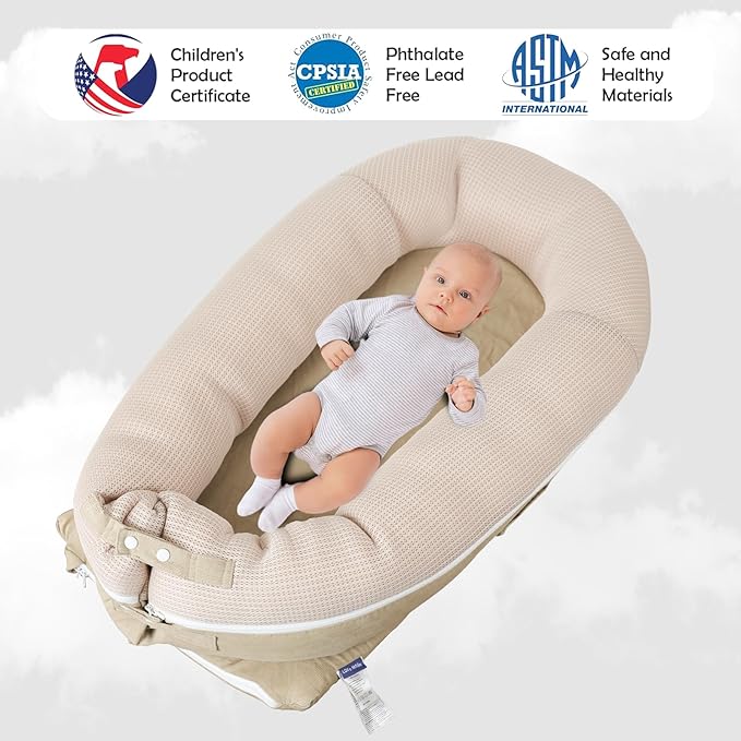 Baby Lounger, Deluxe Infant Lounger, Baby Nest Cover for Baby, Breathable Cotton, Adjustable Baby Floor Seat for Tummy Time, Newborn Essentials for Baby 0-12 Months (Khaki)-CubbioJoy
