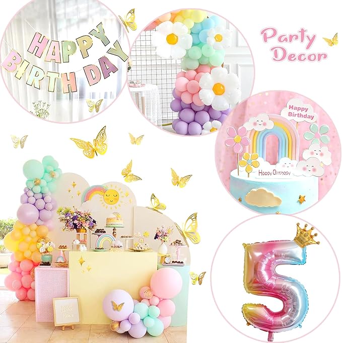 5th Birthday Decorations Girl, Slmeno Daisy Pastel Balloon Arch Kit 219Pcs, 5 Year Old Girl Pastel Rainbow Party Decorations, with Happy Birthday Banner, Cake Toppers, Gold Butterfly Decoration-CubbioJoy