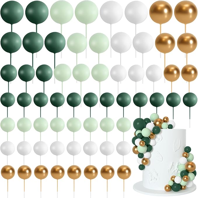 75 Pcs Cake Balls Topper Decorations Foam Cupcake Topper Mini Balloon Cake Topper Balls Cake Picks for Cake Deco Birthday Party Wedding（Green,Gold, White）-CubbioJoy